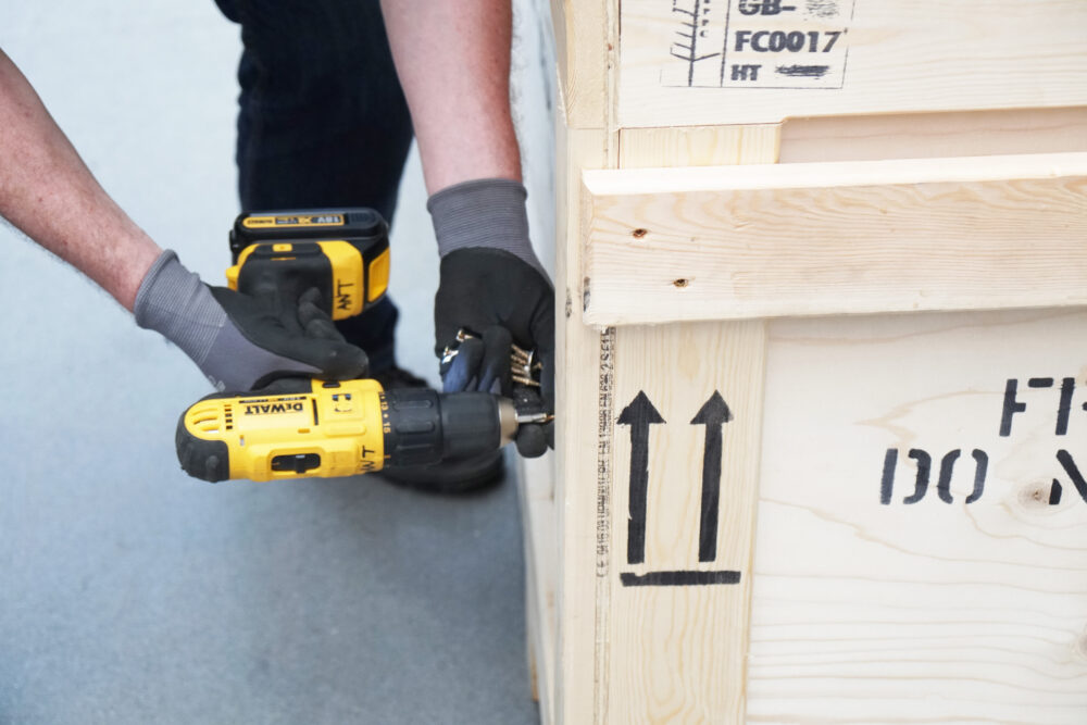 Constantine Ltd wooden storage and transportation crates being assembled