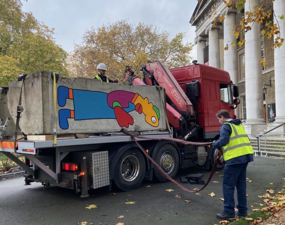 Constantine installing two sections of the Berlin Wall outside the Imperial War Museum in London