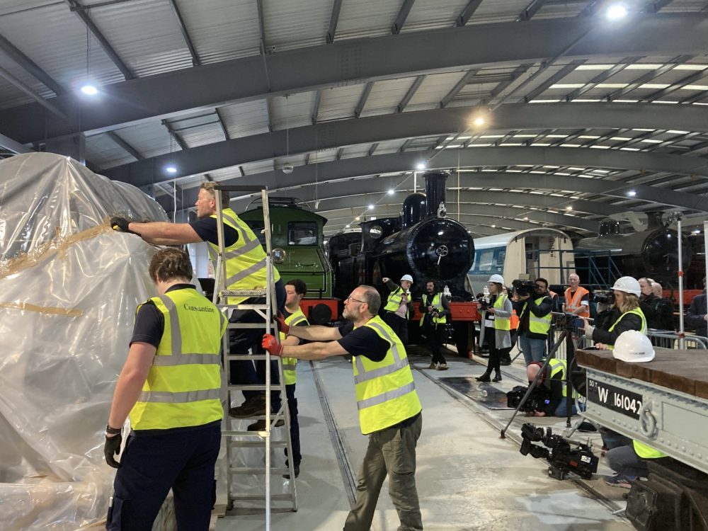 Constantine delivering and carefully installing George and Robert Stephenson’s Rocket at Locomotion